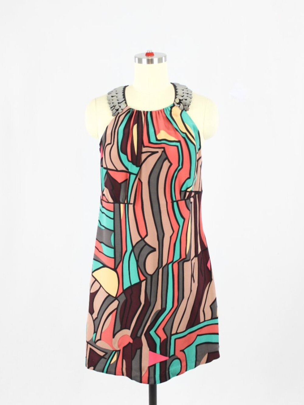 MISSONI Multicolor Graphic Print Silk Pailette Halter Sheath Dress, Size 42/M